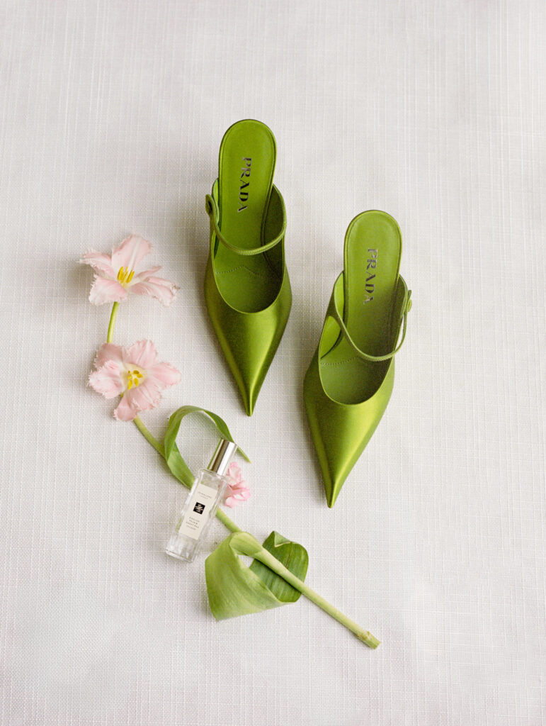 Wedding shoes Prada green shoes photographed by Raleigh wedding photographer Anastasia Strate photography 